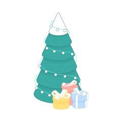 Winter Christmas tree with light garland and presents isolated on white background. 3d isometric vector illustration