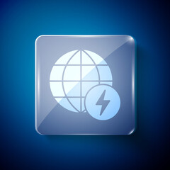 White Global energy power planet with flash thunderbolt icon isolated on blue background. Ecology concept and environmental. Square glass panels. Vector.