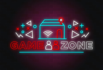 Game Zone neon text sign with decorated game area concept design.