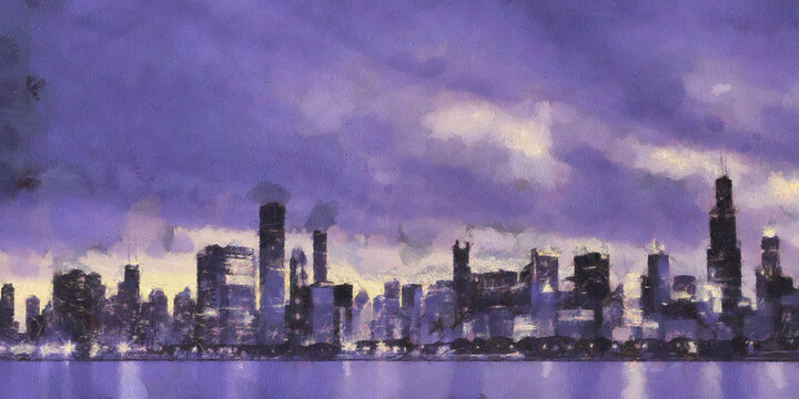 City view in the evening. Artistic work on the theme of the cityscape