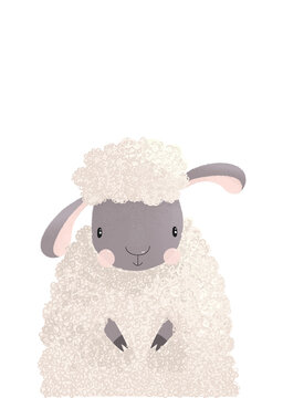 Vector illustration of cute fluffy sheep isolated on white background. Graphic hand drawing lamb pet animal of greeting card for kids, decor for nursery baby room. Wallpaper, apparel, invitation.