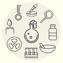 biology science laboratory flask mortar nuclear medicine element line icons set style
