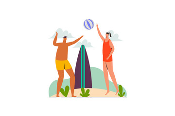 Beach holiday concept. People playing ball at beach. Summer holiday. Flat vector illustration