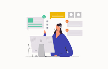 Customer service concept. Operator with headset doing live feedback. Online user or client support centre. Flat vector illustration