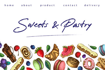 bakery illustration. pastry banner, background or sweets shop landing page template. horizontal border, frame with desserts and place for text. baking label. for package design, patisserie signboard.