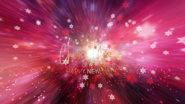 Merry Christmas Happy New Year  golden text on a beautiful pink sky typography elite background with shining snowflakes. 4K 3D Bright and glowing holiday background. Christmas festivity celebration.