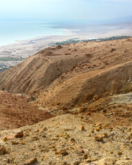 Panoramic view of the shore of the Dead Sea near Ein Gedi. Panorama from several shots.
