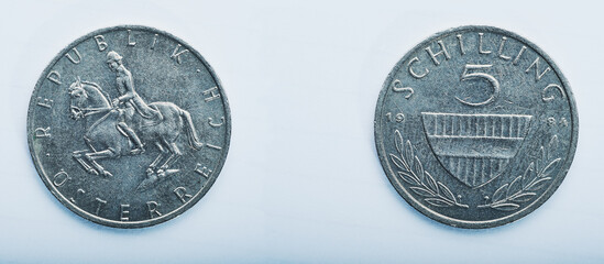 old 5 Austrian schilling coin obverse and reverse