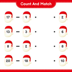 Count and match, count the number of Santa Claus and match with right numbers. Educational children game, printable worksheet, vector illustration