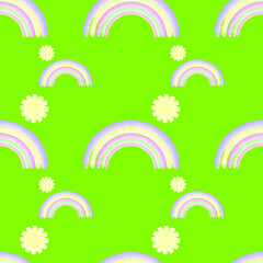 Abstract rainbow and sun on a green background, watercolor drawing, seamless pattern, texture for design, vector illustration