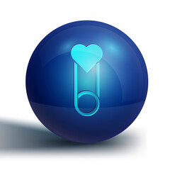 Blue Baby clothes pin icon isolated on white background. Classic closed steel safety pin. Blue circle button. Vector.