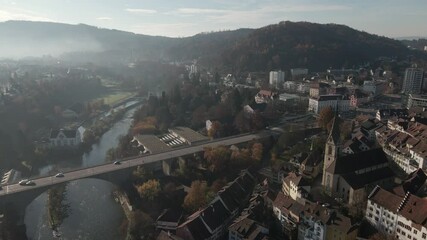 Flying above the Limmat and the old town of Baden, Switzerland. 