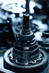 automatic transmission in disassembled form auto parts in the workshop gear, clutch