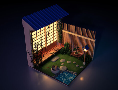 3d Scene Of An Isometric Diorama Of A Japanese House And Garden At Night.