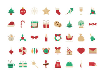 merry christmas, decoration celebration party season icons set flat