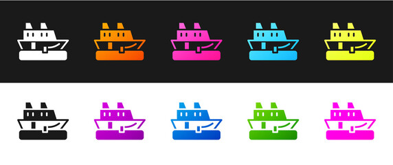 Obraz premium Set Cruise ship icon isolated on black and white background. Travel tourism nautical transport. Voyage passenger ship, cruise liner. Worldwide cruise. Vector.