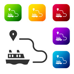 Black Ship line path of ship sea route with start point GPS and black line icon isolated on white background. Set icons in color square buttons. Vector.