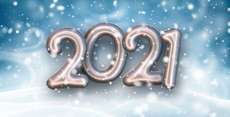 Pearl foil balloon 2021 sign on blue background.