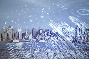Double exposure of buildings hologram over cityscape background. Concept of smart city.