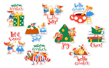 Bundle of winter tags and stickers with cute elf characters on Christmas holidays