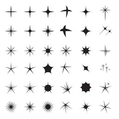 Black star sparkles vector set. Bright firework, decoration twinkle, shiny flash. Glowing light effect