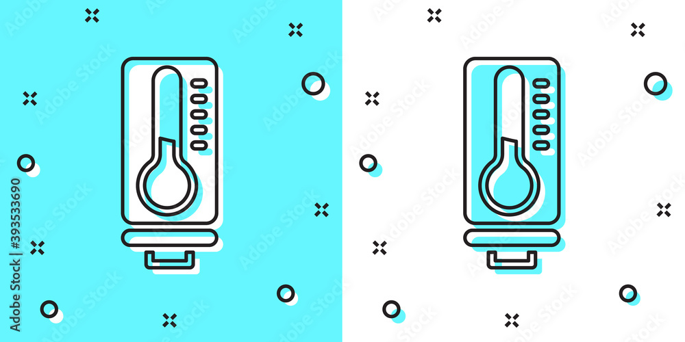 Poster black line meteorology thermometer measuring heat and cold icon isolated on green and white backgrou