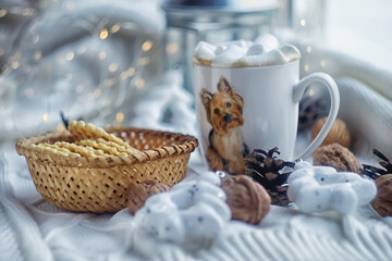 new year Christmas coffee with marshmallows with Christmas lights walnuts Christmas toys and cookies
