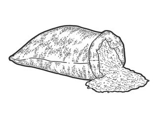 Scattered rice in bag isolated on white background. Engraving vector illustration.