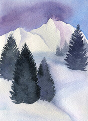Watercolor winter landscape with mountain, tree, snow. Winter woodland illustration perfect for  Christmas and New Year project, invitations, greeting cards. Watercolor holiday illustration. 