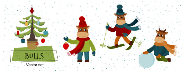 Vector Set of bulls. Funny bulls play winter games: skiing,  sledding, ice skating. The bull is a symbol of the new year 2021.
