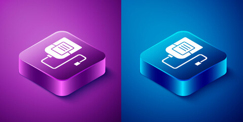 Isometric IV bag icon isolated on blue and purple background. Blood bag. Donate blood concept. The concept of treatment and therapy, chemotherapy. Square button. Vector.