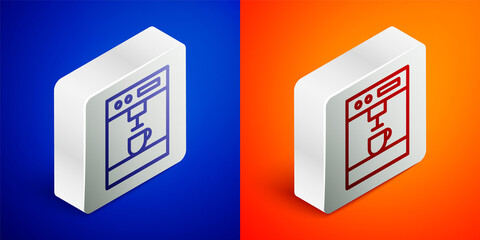 Isometric line Coffee machine icon isolated on blue and orange background. Silver square button. Vector Illustration.