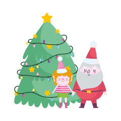 merry christmas, santa helper and tree celebration icon isolation