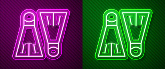 Glowing neon line Rubber flippers for swimming icon isolated on purple and green background. Diving equipment. Extreme sport. Sport equipment. Vector Illustration.