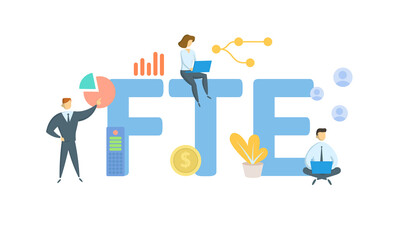 FTE, Full Time Employee. Concept with keywords, people and icons. Flat vector illustration. Isolated on white background.