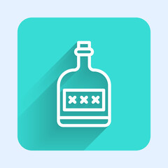 White line Alcohol drink Rum bottle icon isolated with long shadow. Green square button. Vector Illustration.
