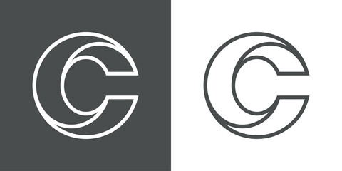 Logotipo inicial letra C tridimensional en linea delgada en fondo gris y fondo blanco
