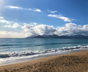 Scenic view of a beach and mountains in Cannes, South of France
