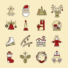 Christmas set of line art icons. Ginger cookies, Santa, Christmas trees, reindeer, bell, candle, gifts, glass ball, skates, cones, house, angel, sock, mistletoe, wreath, hat and mittens. Simple logo