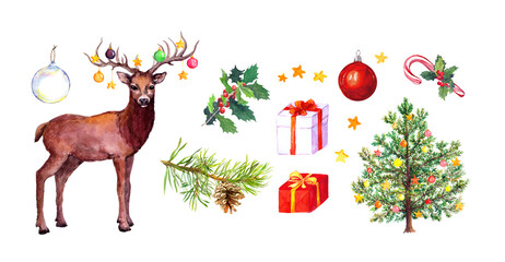 Watercolor set of Christmas elements - deer, christmas tree, fir branch, gift boxes, mistletoe, decorative baubles