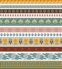 Set of seamless Greek traditional patterns, colorful or isolated. Epochal collection of spare parts for creative cards, covers, invitations, templates, frames, compositions, needlework or scrapbooking