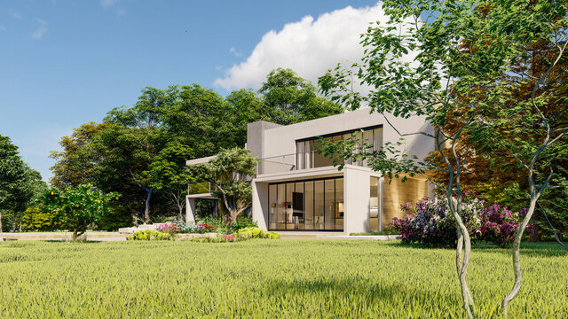 Fototapeta Big contemporary villa with pool, side view