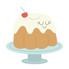 Cartoon dessrt on stand. Cake with happy face. Vector illustration.