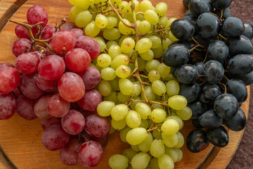 Three types of big colorful grapes, muscate, harvest, vine, seedless, raisins