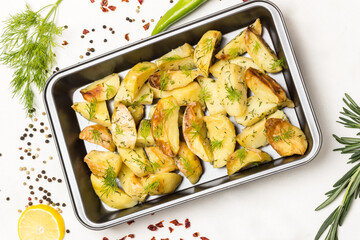Fried Potato wedges with dill in food metal pallet, green pepper pod and rosemary sprig