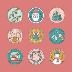 Christmas Cute Icons Set with Snowflakes, Christmas tree, Champagne, Santa Claus, Deer, Wreath, Snowman, Snow Ball in Flat style. For business, holidays, Xmas elements Collection vector illustration