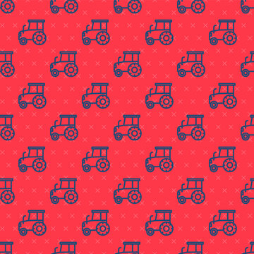 Blue line Tractor icon isolated seamless pattern on red background. Vector.