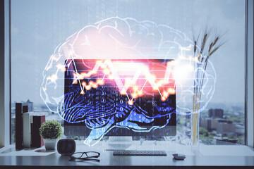Double exposure of desktop with computer and brain drawing hologram. Artificial intelligence...