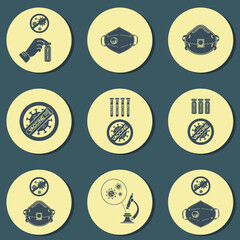 Coronavirus vector  icons set, color pictogram, vaccine development. Stop coronavirus. Covid19 disease vaccination concept. Computer network signs set. Vector illustrations.