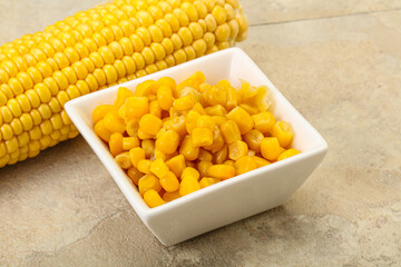 Sweet yellow corn in the bowl